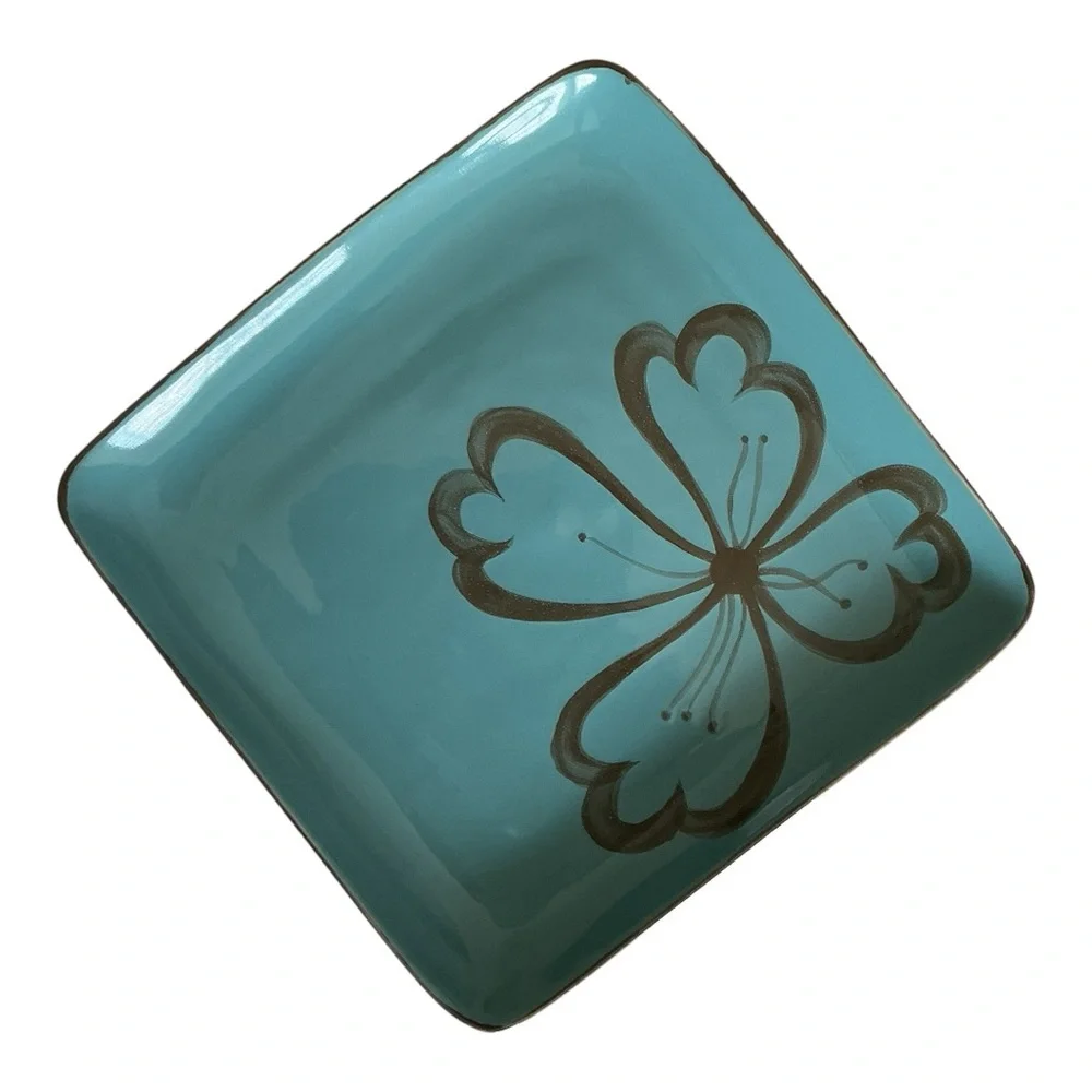 Pier 1 Hibiscus Pattern Square Dinner Plate Teal And Brown Flower Design Vintage
